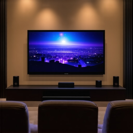 Advanced Home Theater System with Smart Automation A sleek home theater room featuring high-end AV equipment, customizable lighting, and integrated smart devices.