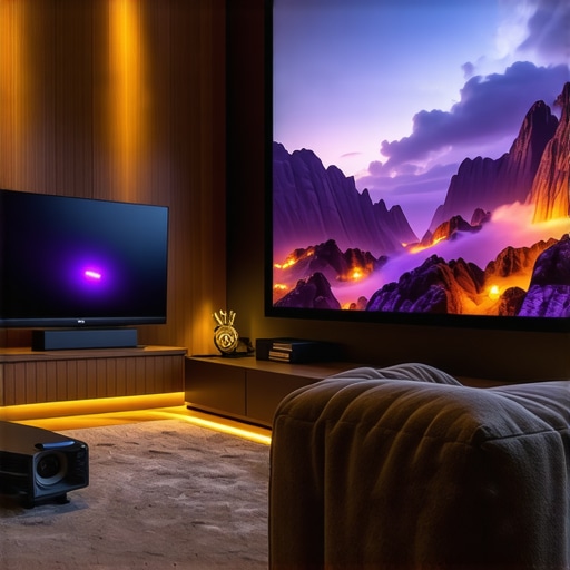 A stylish room featuring a large projector screen and an ultra-wide monitor on a desk