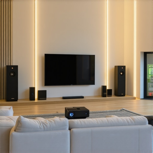 Contemporary home theater with OLED TV, surround sound, ambient lighting, and projector.