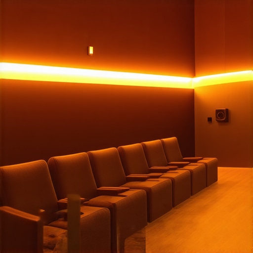 Modern Home Theater Setup with Surround Sound A sleek home theater room with ambient lighting, large screen, and surround sound speakers