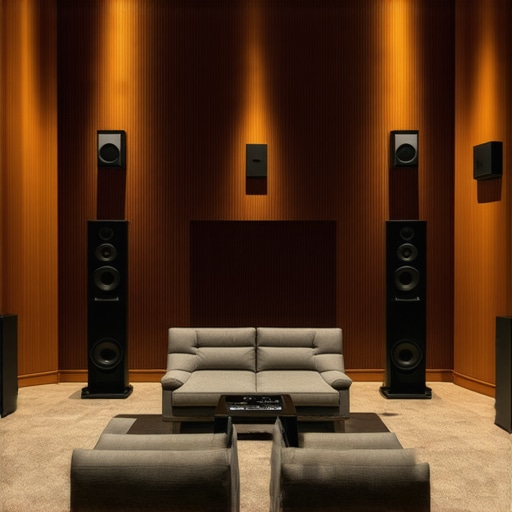 Optimized Acoustic Treatment in a Home Theater Room with acoustic panels, calibrated speakers, and soundproofing for cinematic sound quality.