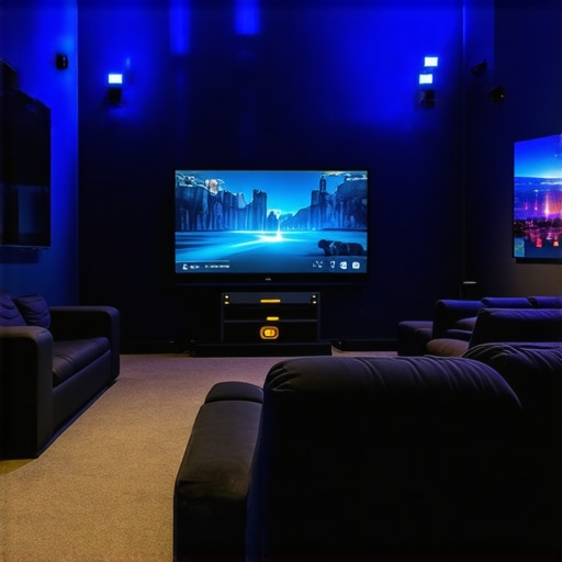 Smart Home Theater Setup with Integrated Technology A sleek home theater with smart devices, large screen, and ambient lighting
