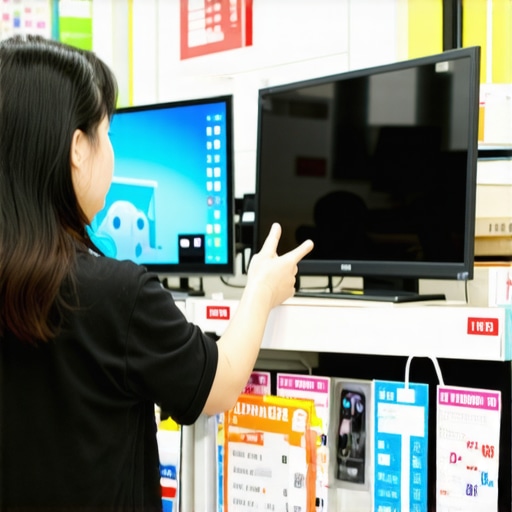 Person comparing various TVs and monitors with price tags and specs in electronics store.