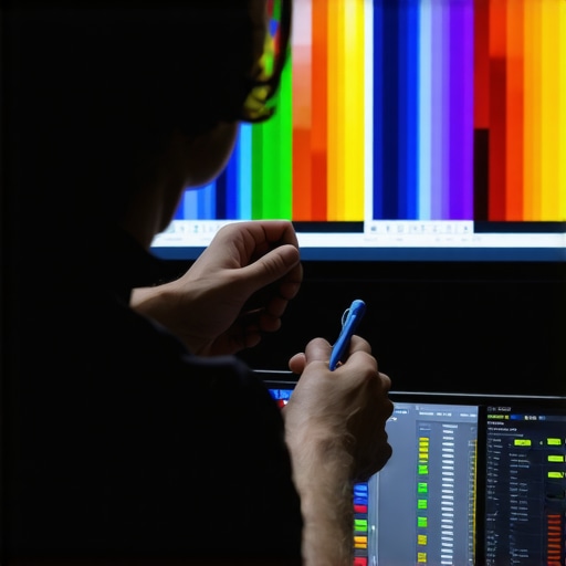 Person adjusting home theater display with calibration software and tools.