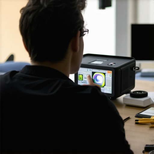 Home Theater Calibration in Action Person calibrating a projector using software with tools for cleaning and maintenance nearby