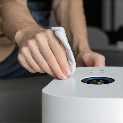 Person cleaning a projector lens with microfiber cloth in a home theater.