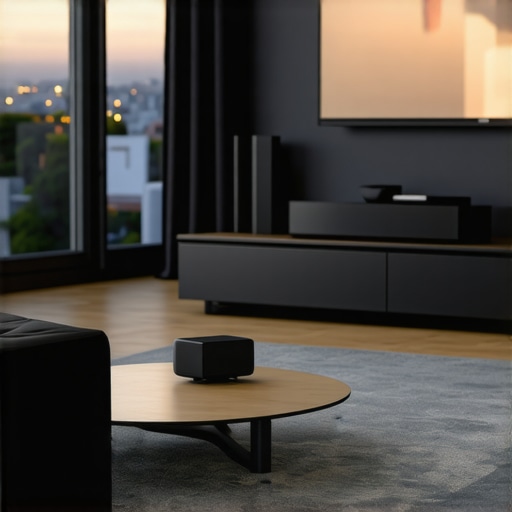 A contemporary living room with a large TV, soundbar, and streaming devices arranged neatly.