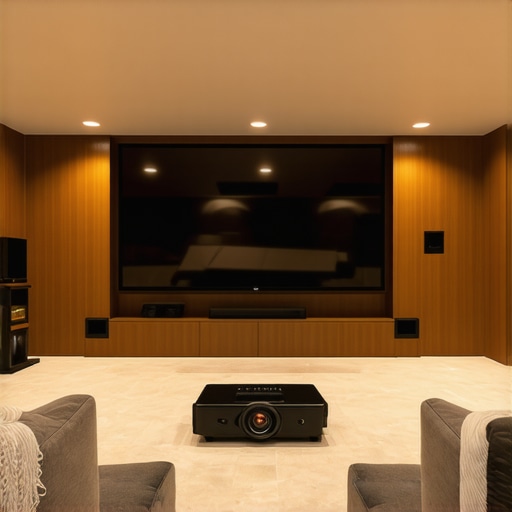 A modern home theater with a large TV, projector, and surround sound system in a cozy room