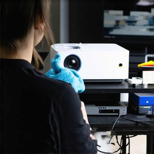 Person cleaning a projector in a home theater setup.