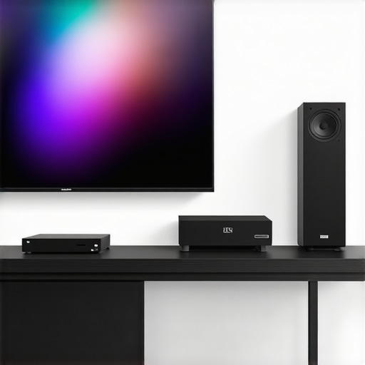 A stylish home theater featuring a large 4K OLED TV, surround speakers, and streaming device.