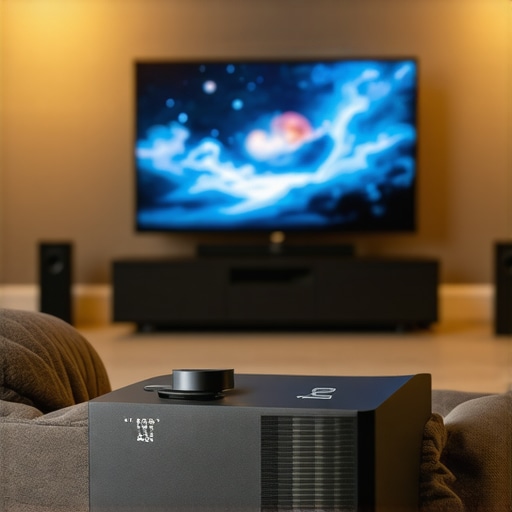 Home theater with projector, streaming device, and sound system in a modern room.