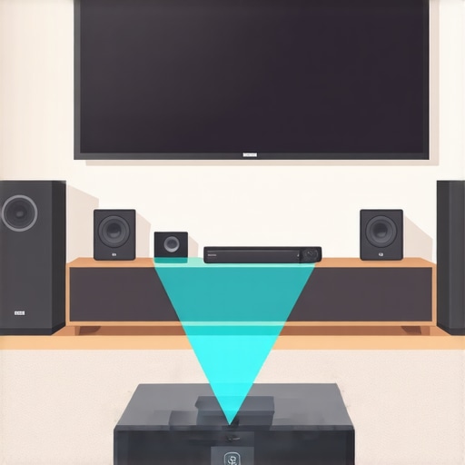 A modern living room featuring a small portable projector projecting a movie onto the wall, surrounded by streaming devices and audio equipment.