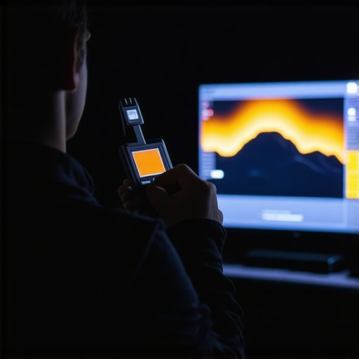 Technician using a colorimeter to calibrate a large flat-screen TV in a home theater setup
