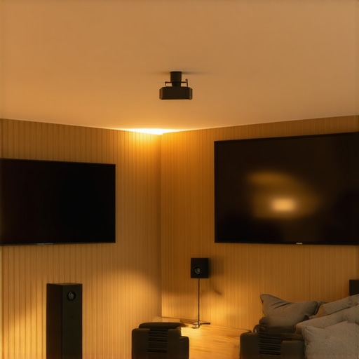 A professional home theater room featuring a projector, large screen, and surround sound system.