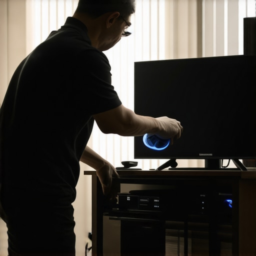 Maintaining Your Home Theater System Person cleaning and inspecting home theater equipment to ensure proper functionality.
