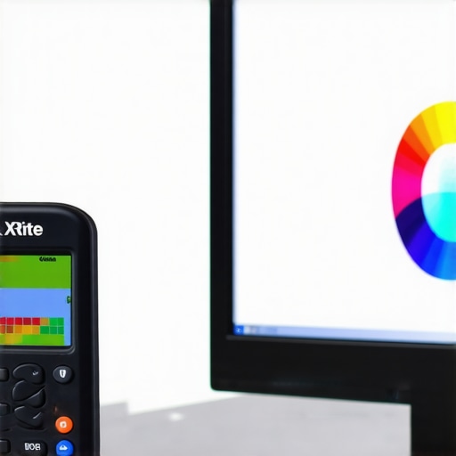 Colorimeter device connected to a computer monitor showing calibration software interface.