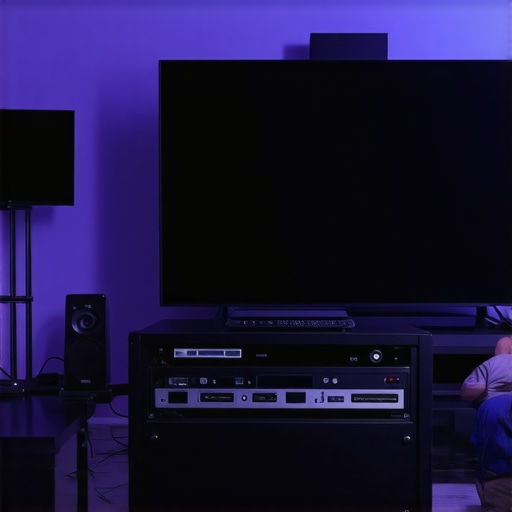 A technician calibrating and cleaning home theater equipment in a stylish living room.