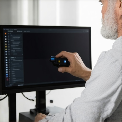 Homeowner calibrating monitor with calibration tool Person calibrating a computer monitor using professional calibration device in a modern workspace
