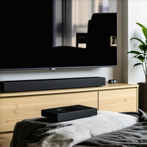 Living room setup with a budget Atmos soundbar under a TV for immersive audio.