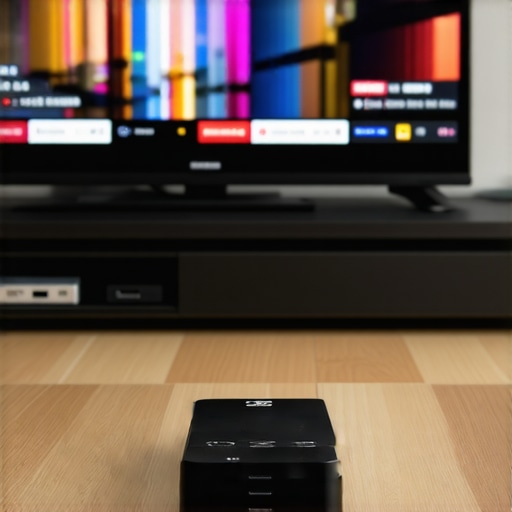 Living room with 8K streaming device, TV, and neat cable organization.