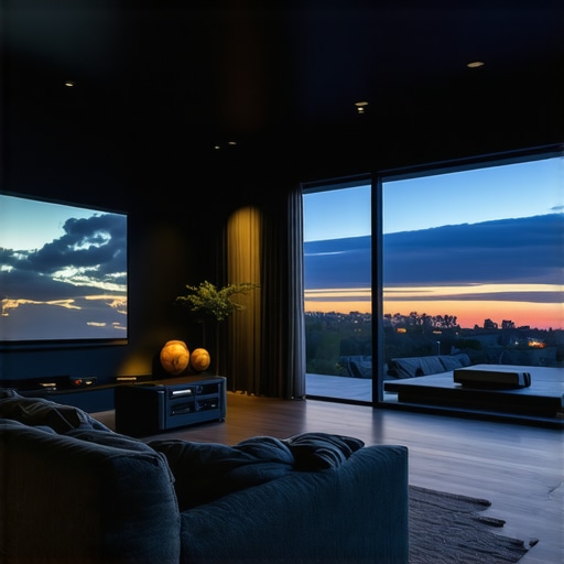 A high-end 8K projector installed in a living room, projecting a vibrant image on a large screen with professional calibration equipment nearby.