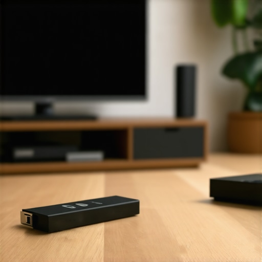 A neatly organized living room featuring a high-end streaming device connected to a large smart TV.