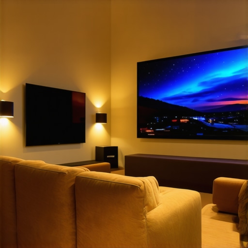 Ultimate Home Cinema Setup A modern home cinema with large projector screen, surround sound, and cozy lighting
