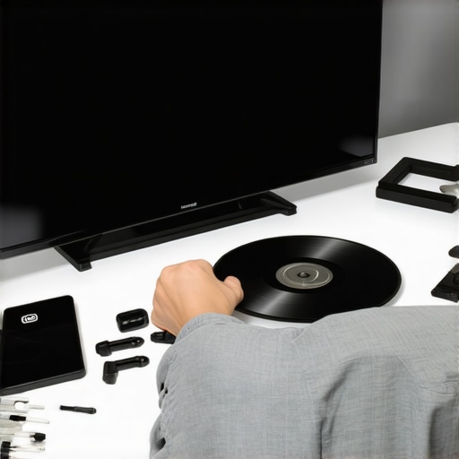 Person adjusting TV settings with calibration tools in a modern home theater