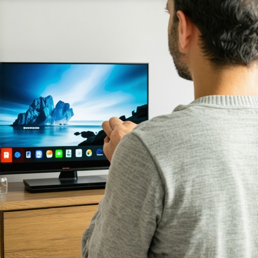 Person adjusting picture settings on a flat-screen OLED television in a living room