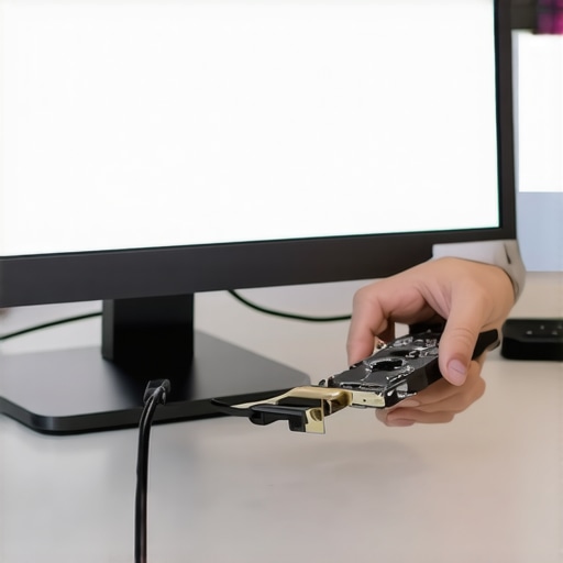 Person connecting a 10-bit E Ink monitor to a computer with HDMI cable