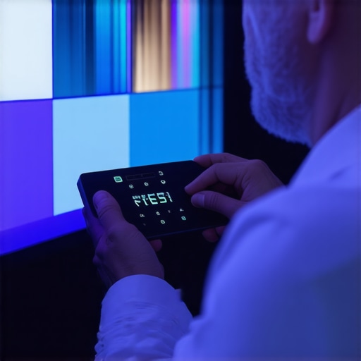 A technician adjusting a 4K OLED TV using calibration equipment in a subdued environment.