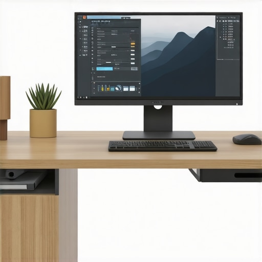 Ergonomic workspace with dual monitors including an E-Ink side monitor and ambient lighting for eye comfort.