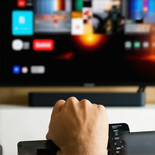 Person configuring AI streaming stick with high-end home theater components