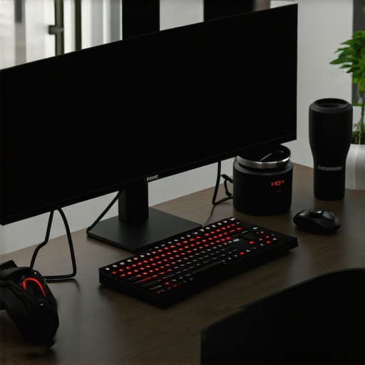A clean desk with a 49-inch ultrawide monitor, keyboard, and ergonomic chair, highlighting cable management and workspace optimization.