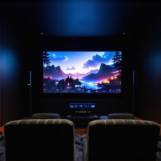 Elegant home cinema with organized equipment, projector, and ambient lighting