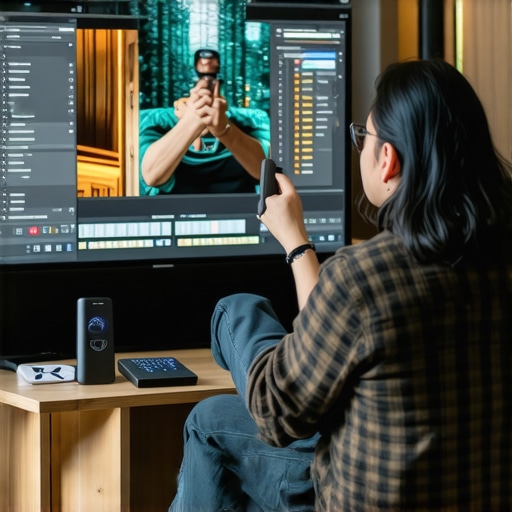 A technician using calibration equipment to fine-tune a high-end OLED TV in a home theater.