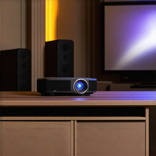 Projector mounted in a soundproof cabinet with acoustic foam panels