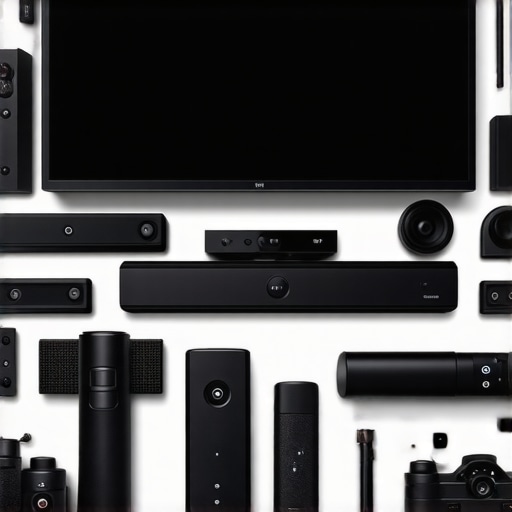 A detailed image showing calibration tools, cables, and a projector in a home theater