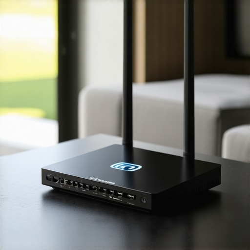 A stylish Wi-Fi 7 router emitting strong signals in a cozy home environment.