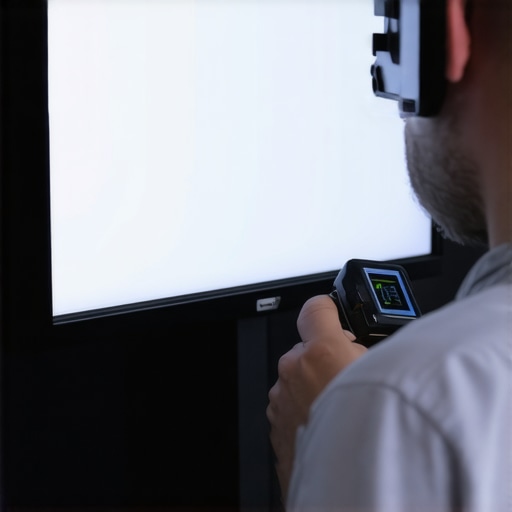 Technician using a colorimeter to calibrate a monitor in a home theater