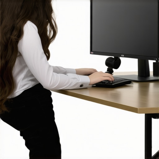 Person repositioning their monitor to align with eye level using a stand