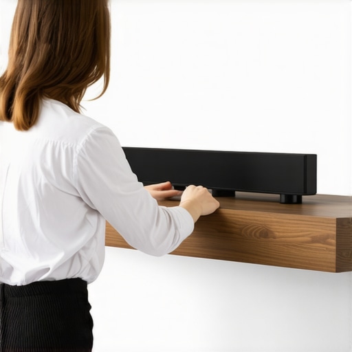 Person aligning a soundbar on a shelf in a living room to improve audio quality.