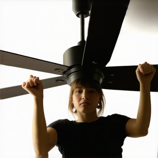 Person attaching weights to ceiling fan blades to reduce wobbling during a movie night.