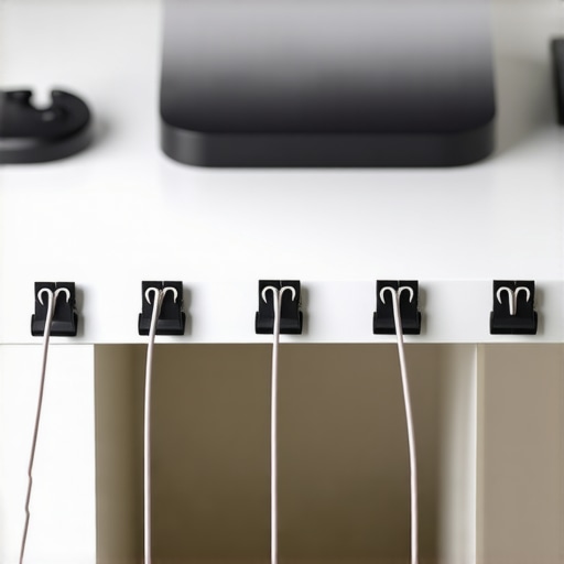 Close-up of binder clips securing organized cables along a desk edge