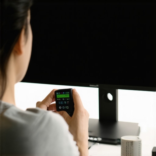 Person using a colorimeter device to calibrate a computer monitor in a home setup.