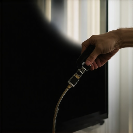 Person cleaning a monitor with compressed air in a home theater.
