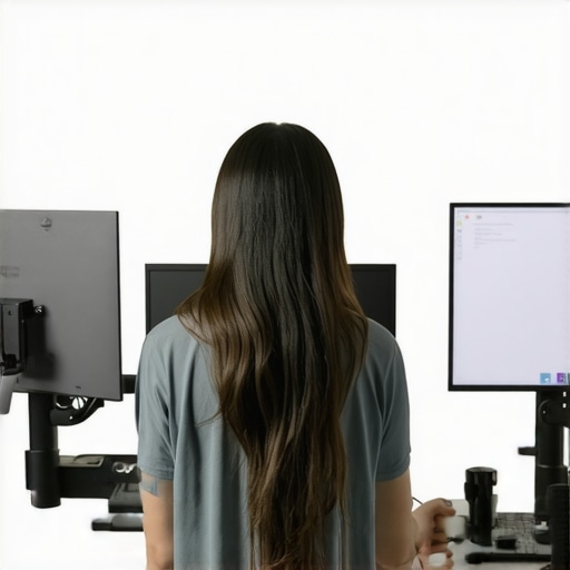 Person adjusting a vertical monitor at eye level with adjustable arm for optimal ergonomic positioning.