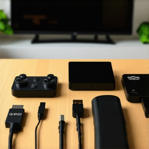 Calibration device, cable tester, cleaning kit, and software interface shown on a table beside a home theater setup.