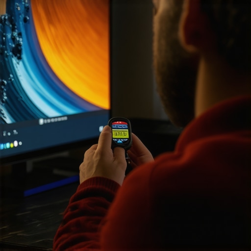 Person using a colorimeter to calibrate a monitor in a home cinema environment.