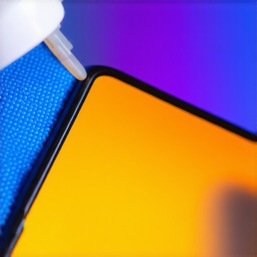 Hand holding a microfiber cloth cleaning a sleek OLED monitor with a light spray of cleaner